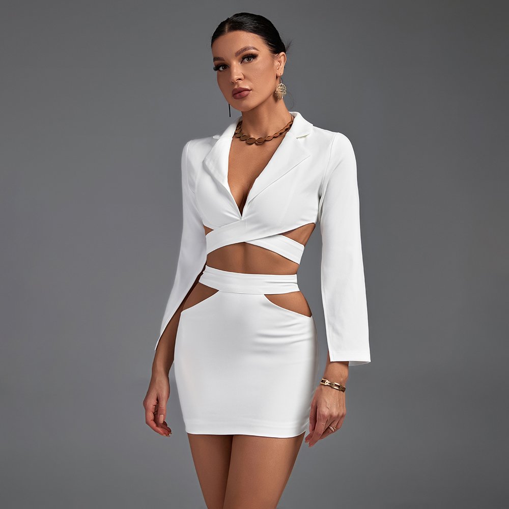 2022 New Fashion Two Piece Set Women Clothes Slit Long Sleeve Top Hollow Out Mini Skirt Cut Out Two Piece Set Women's Sets
