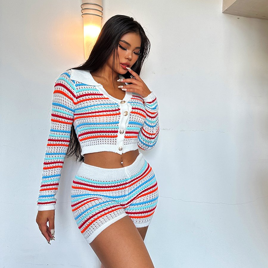 202433992 Casual Full Sleeve Two Pieces Shorts Sets Autumn Knitted 2 Piece Set Women Striped Patchwork Women's Set