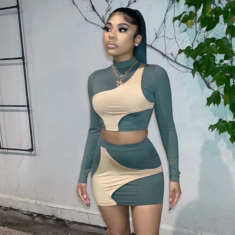 YP Fall 2023 New Arrival Patchwork Set Long Sleeve O-Neck Top Short Skirt Fashion Clothing Women's Two-Piece Sets