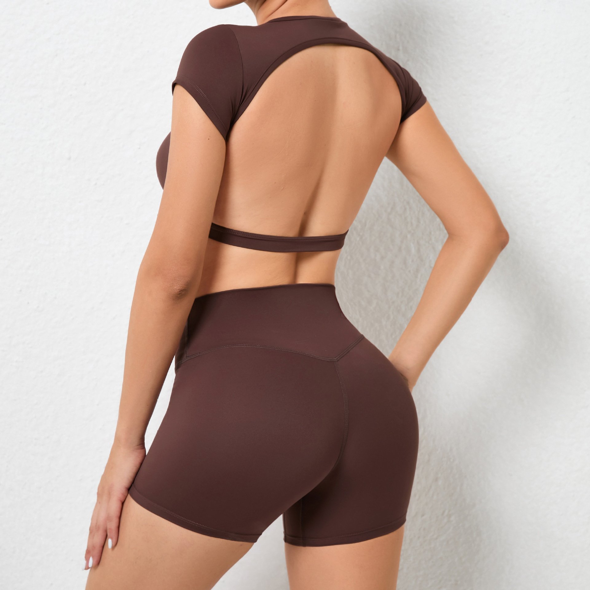 2023 New 2pcs Nude Sexy Backless Short Sleeve Shorts Gym Workout Fitness Active Wear Sportswear Sports Suits Yoga Sets Women
