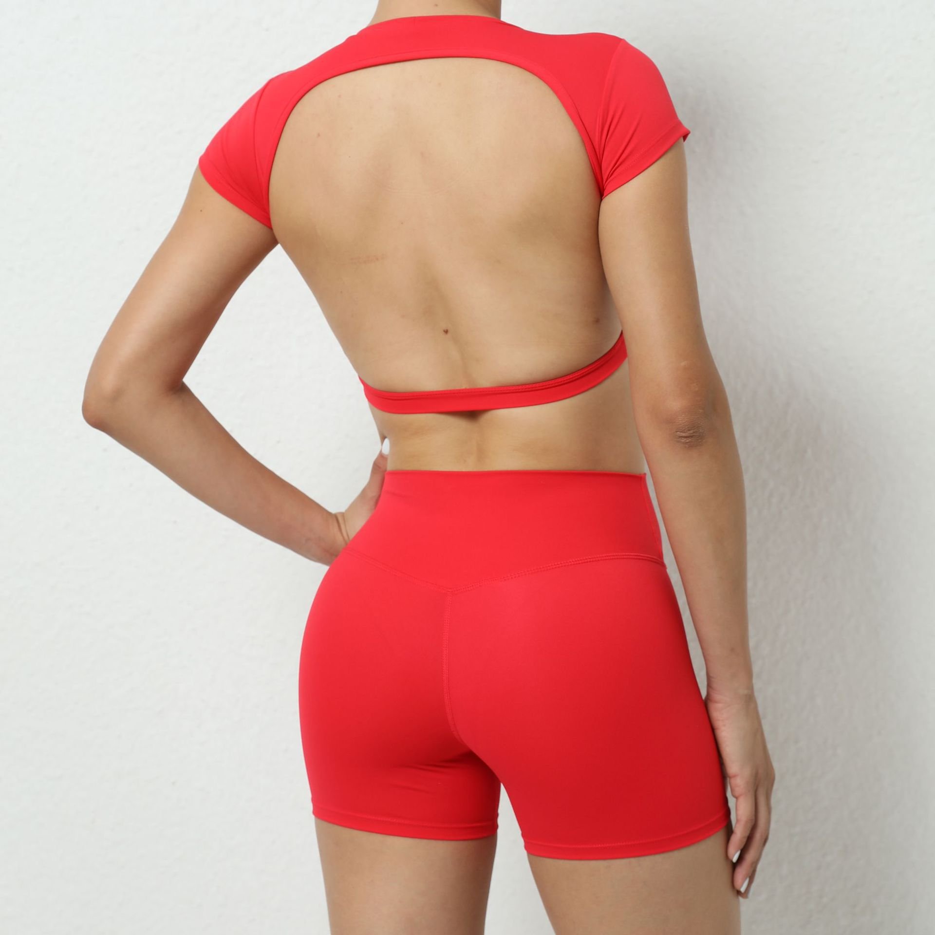 2023 New 2pcs Nude Sexy Backless Short Sleeve Shorts Gym Workout Fitness Active Wear Sportswear Sports Suits Yoga Sets Women