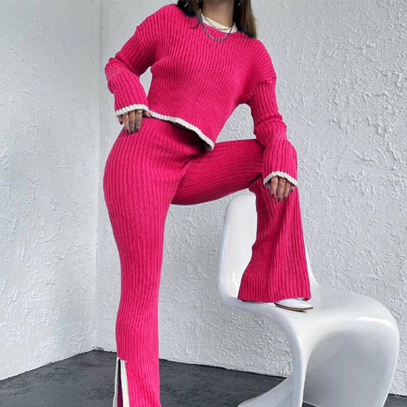 New Fashion Round Neck Short Long-Sleeved Sweater With Slit High Waist Knitted Trousers Ladies Two-Piece Set