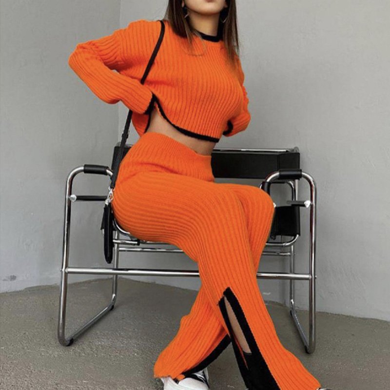 New Fashion Round Neck Short Long-Sleeved Sweater With Slit High Waist Knitted Trousers Ladies Two-Piece Set