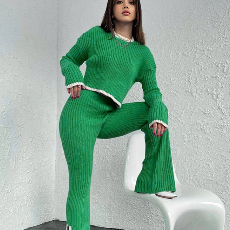 New Fashion Round Neck Short Long-Sleeved Sweater With Slit High Waist Knitted Trousers Ladies Two-Piece Set