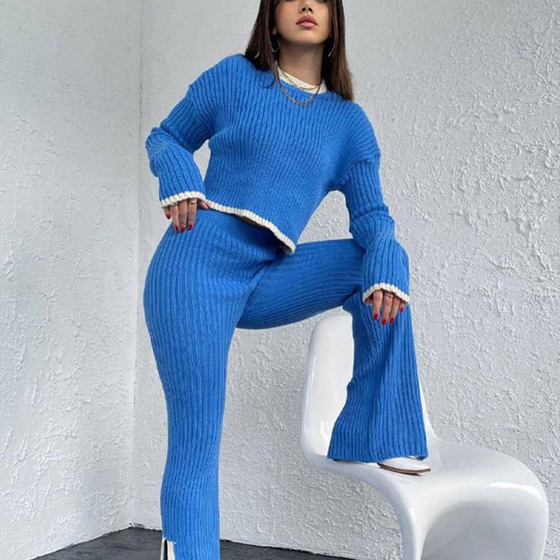 New Fashion Round Neck Short Long-Sleeved Sweater With Slit High Waist Knitted Trousers Ladies Two-Piece Set