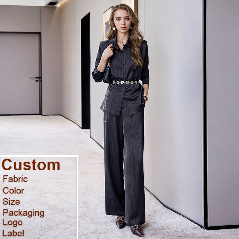 Custom Women's Sets Dress Autumn and Spring New Long Sleeves Flip Collar Blouse Loose pants Two Piece Set Match With Belt
