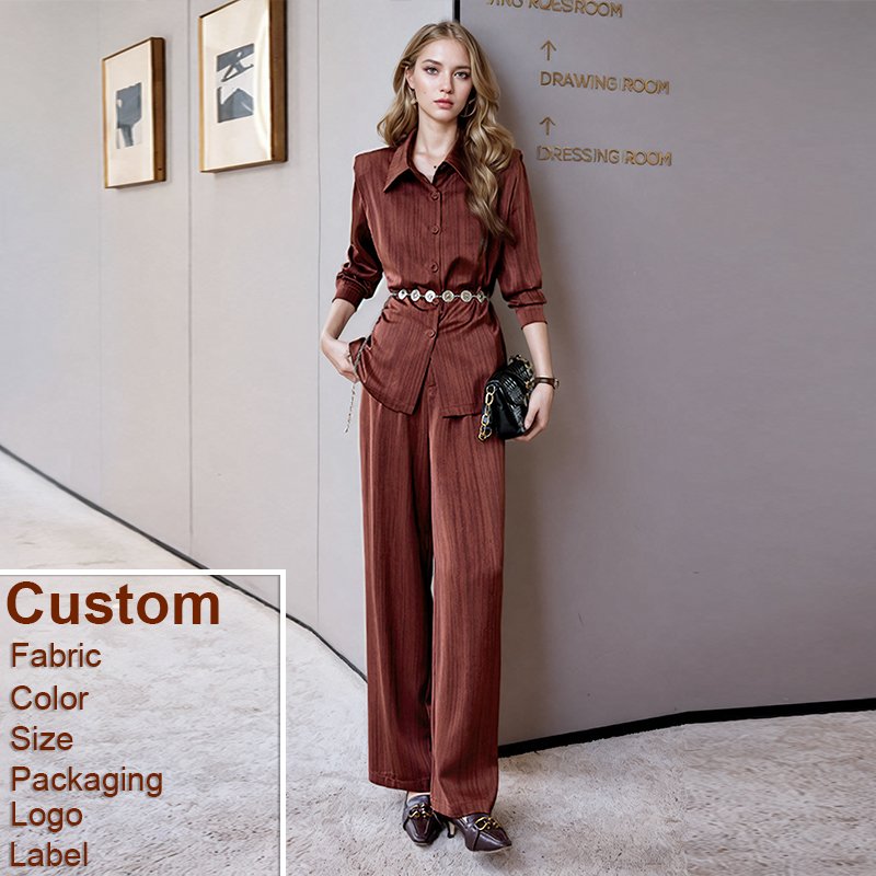 Custom Women's Sets Dress Autumn and Spring New Long Sleeves Flip Collar Blouse Loose pants Two Piece Set Match With Belt