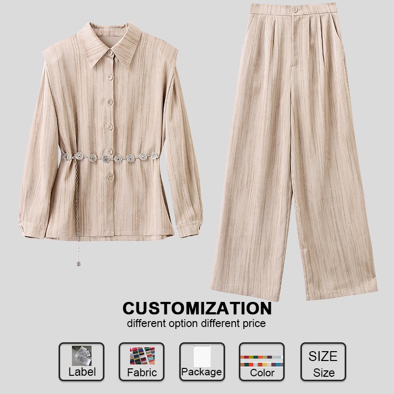 Custom Women's Sets Dress Autumn and Spring New Long Sleeves Flip Collar Blouse Loose pants Two Piece Set Match With Belt