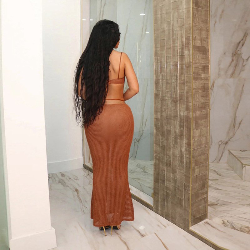 Peeqi K24S44749 sexy 2024 new see through bra and skirt 2 piece bikini set solid bodycon hollow out tether sexy women's set