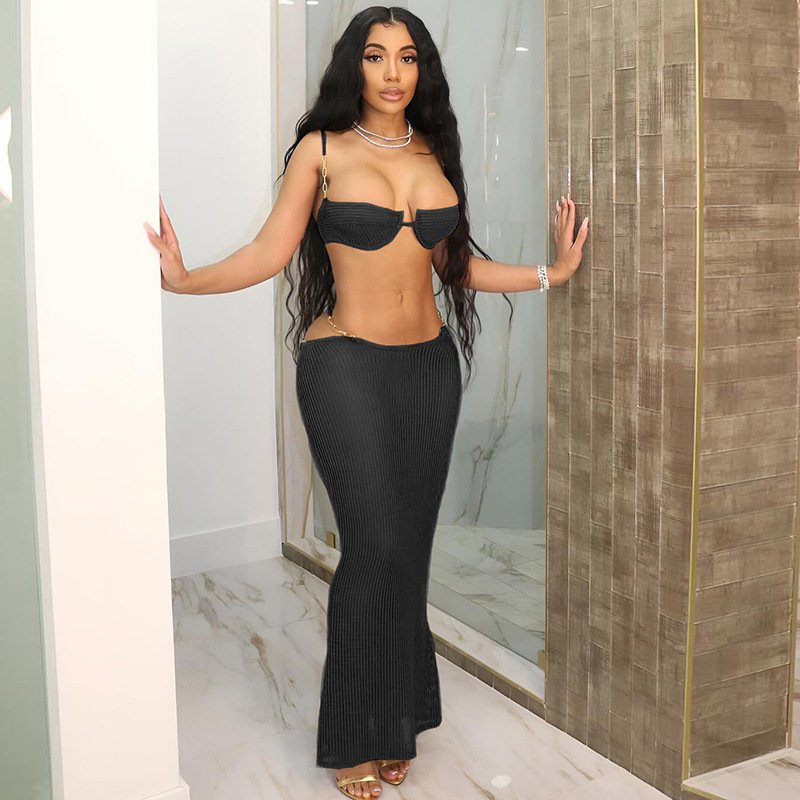 Peeqi K24S44749 sexy 2024 new see through bra and skirt 2 piece bikini set solid bodycon hollow out tether sexy women's set