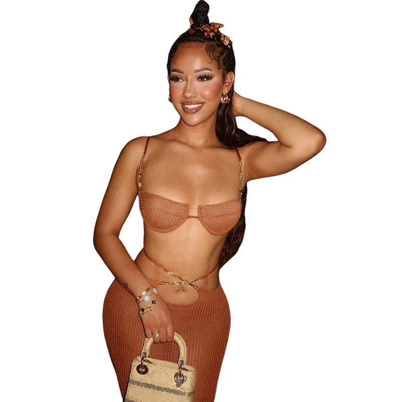 Peeqi K24S44749 sexy 2024 new see through bra and skirt 2 piece bikini set solid bodycon hollow out tether sexy women's set