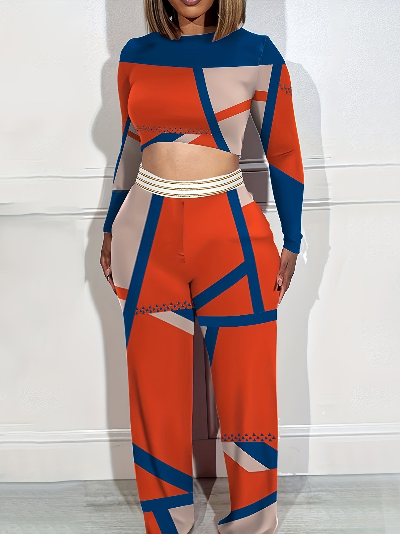 New plus size women clothing ladies temperament long sleeve crop top t shirt wide leg pants printing two piece women's sets
