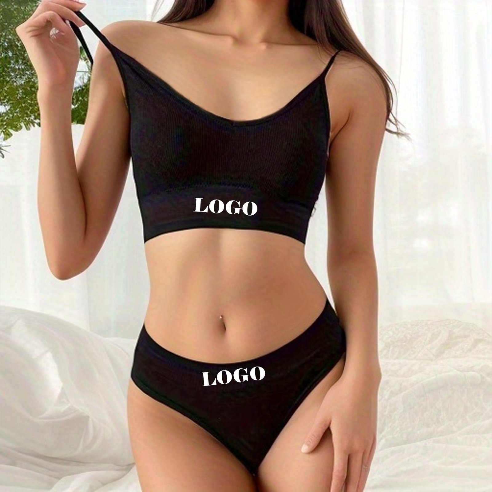Custom LOGO Solid Color Seamless Bra and Thong Set Breathable Two Piece Women Lingerie Set
