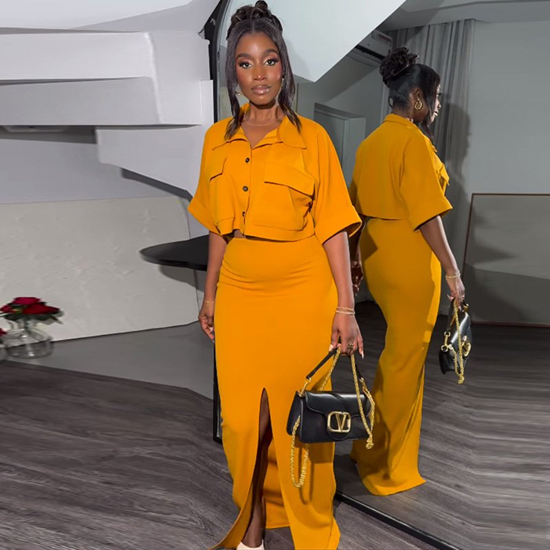 Summer Solid Color Two Piece Set Women Clothing Lapel Short Shirt Top and Split Hip Wrap Long Skirt Sets for Women