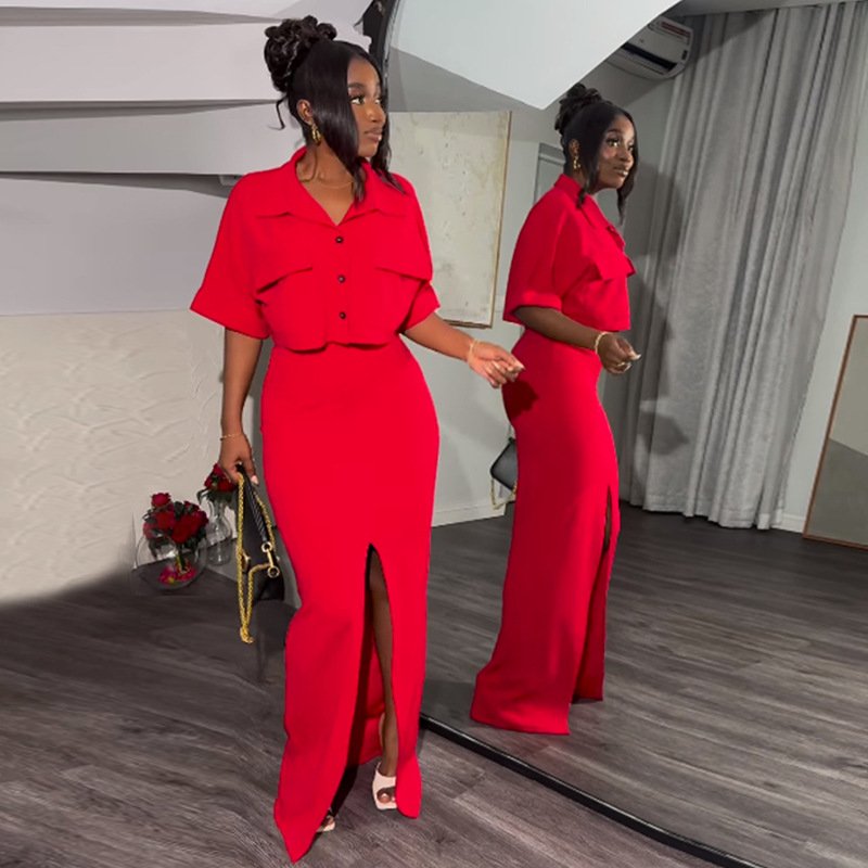 Summer Solid Color Two Piece Set Women Clothing Lapel Short Shirt Top and Split Hip Wrap Long Skirt Sets for Women