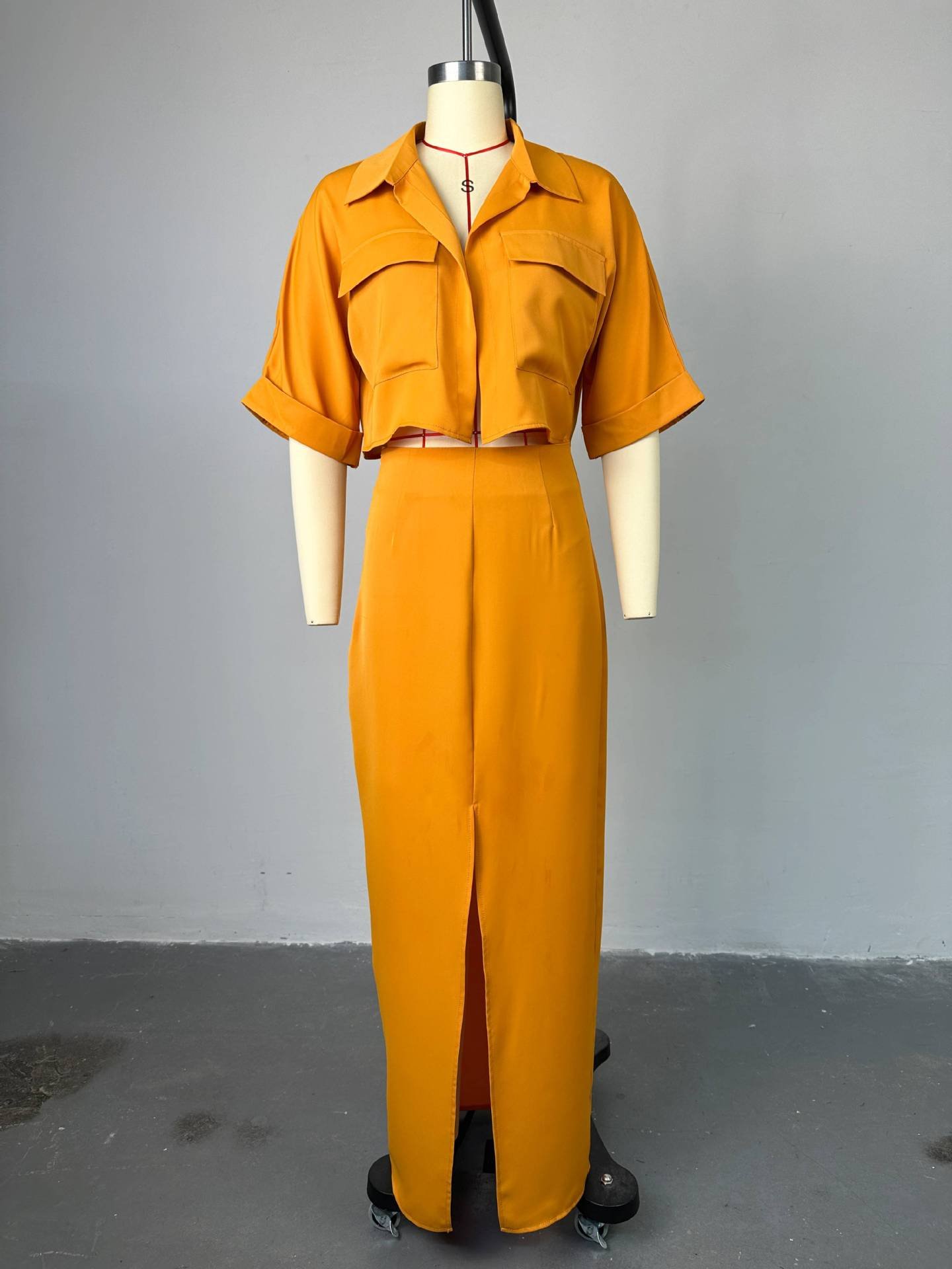 Summer Solid Color Two Piece Set Women Clothing Lapel Short Shirt Top and Split Hip Wrap Long Skirt Sets for Women