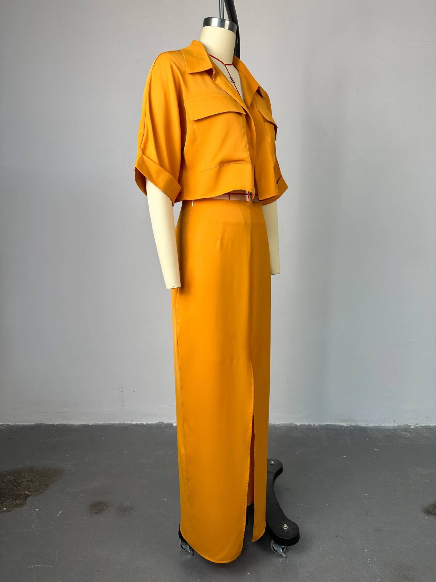 Summer Solid Color Two Piece Set Women Clothing Lapel Short Shirt Top and Split Hip Wrap Long Skirt Sets for Women