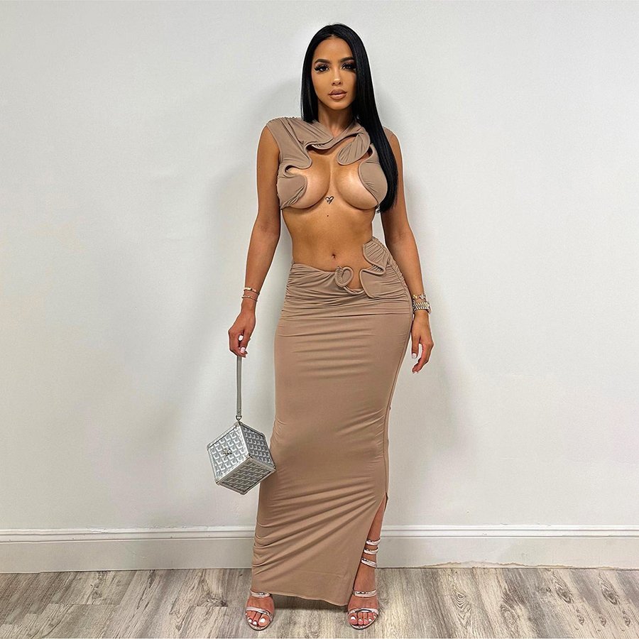 2024 HO New Arrivals 2 Piece Set Crop Tops+maxi Skirt Women's Sets Sexy Solid Women's Sets