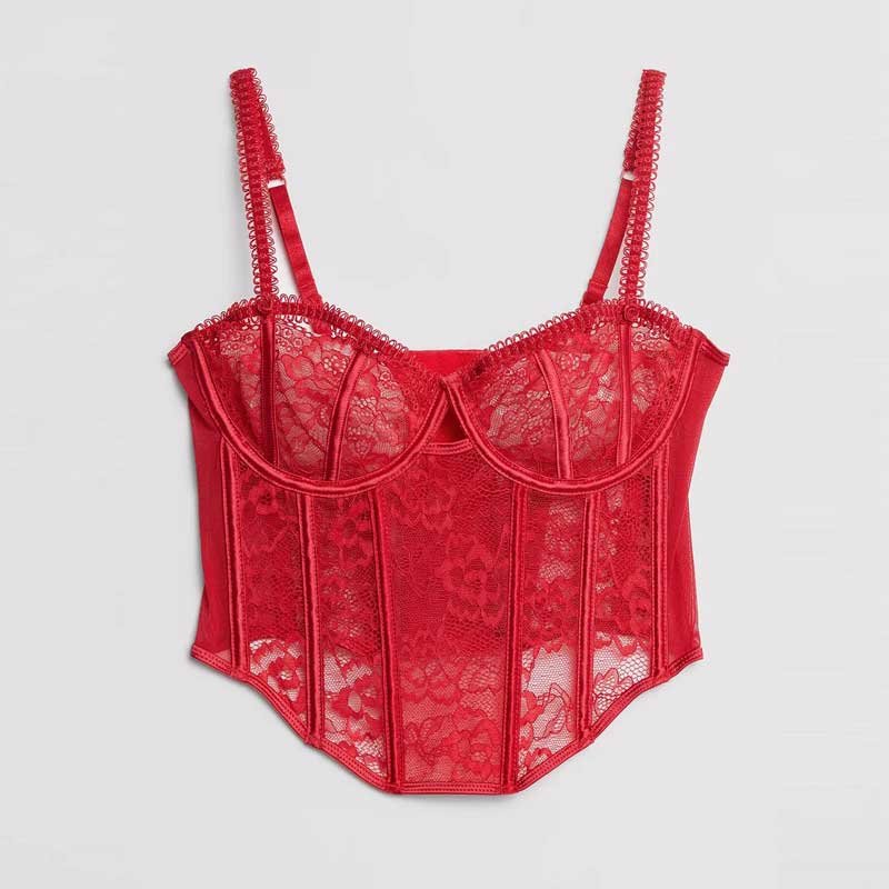 Retro Girl Fishbone Sexy Underwear Sling Thin Gathered Lace Red Valentine'S Day Sexy Lingerie Set