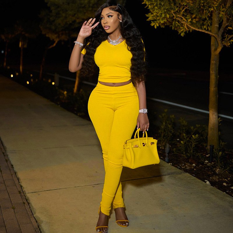 Womens Clothing Women Yellow Crop Top Two Piece Pants Set Outfits High Waist Casual Women's Sets