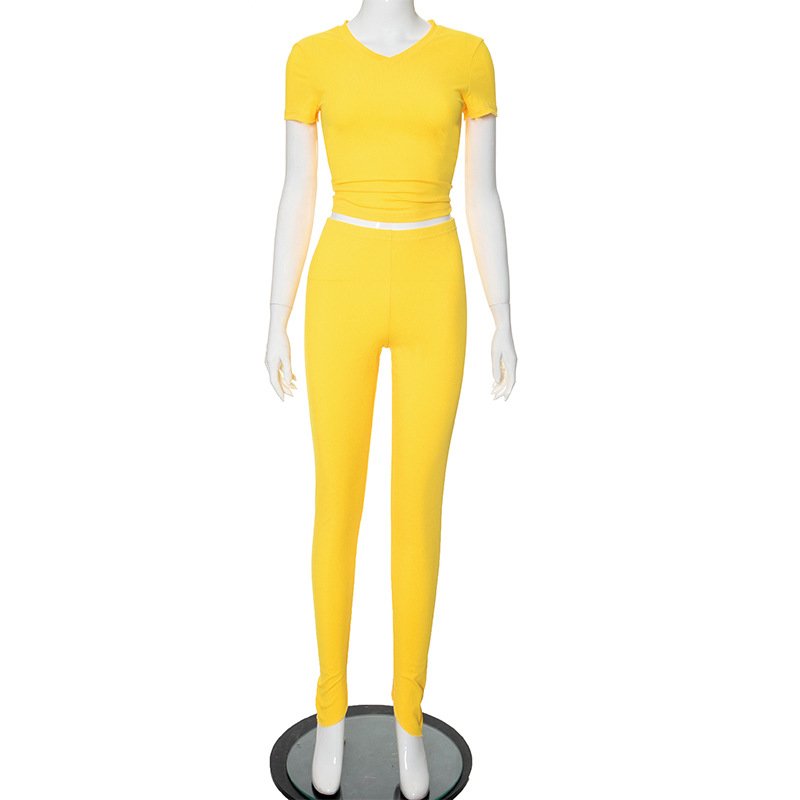 Womens Clothing Women Yellow Crop Top Two Piece Pants Set Outfits High Waist Casual Women's Sets