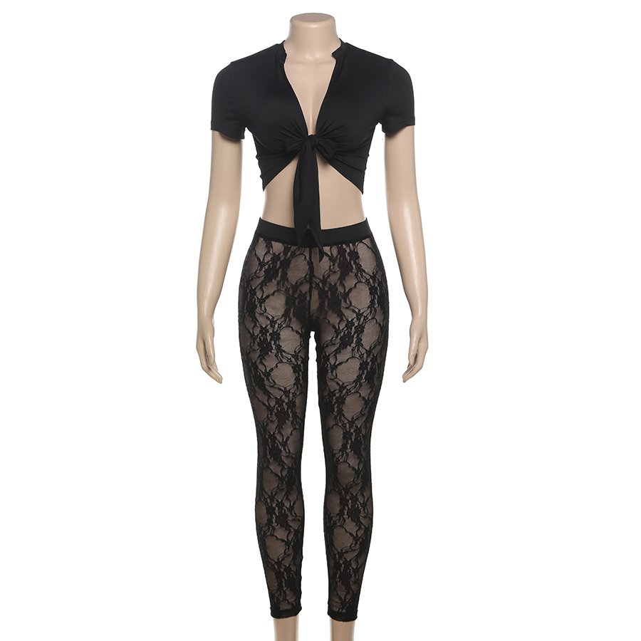 Kliou K24S47225 Lace -up shirt+lace pants two pieces pants sets 2 piece set women sexy casual women's set