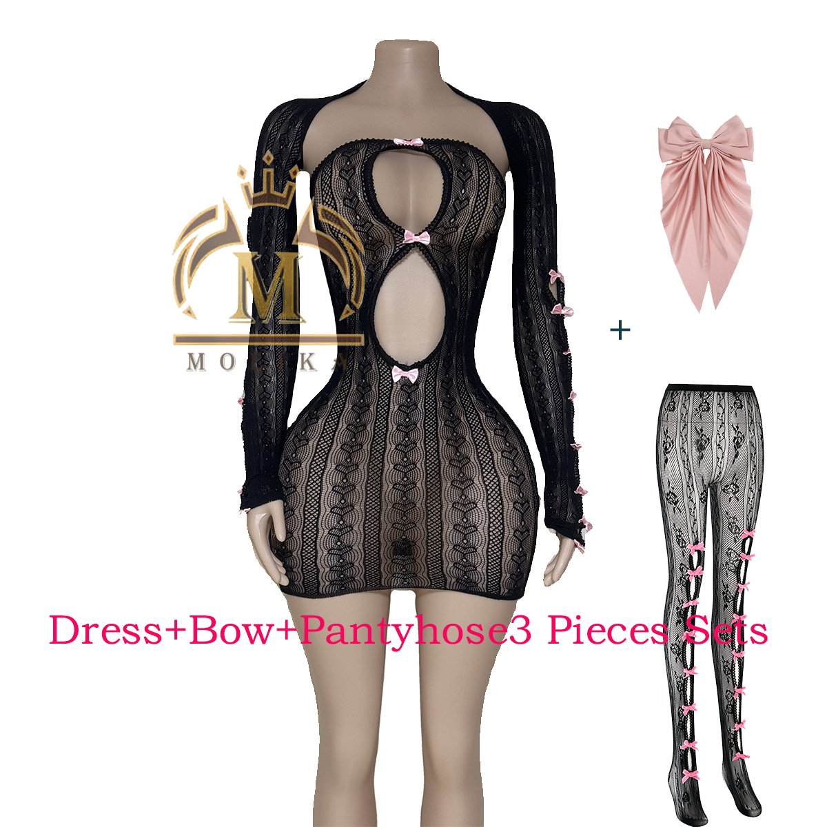 Trendy Women Dresses Sets Knitting Lace Dresses+Pantyhose+Bow 3 Piece Sets Girls Y2K Sexy Matching Dresses Sets Women Clothing