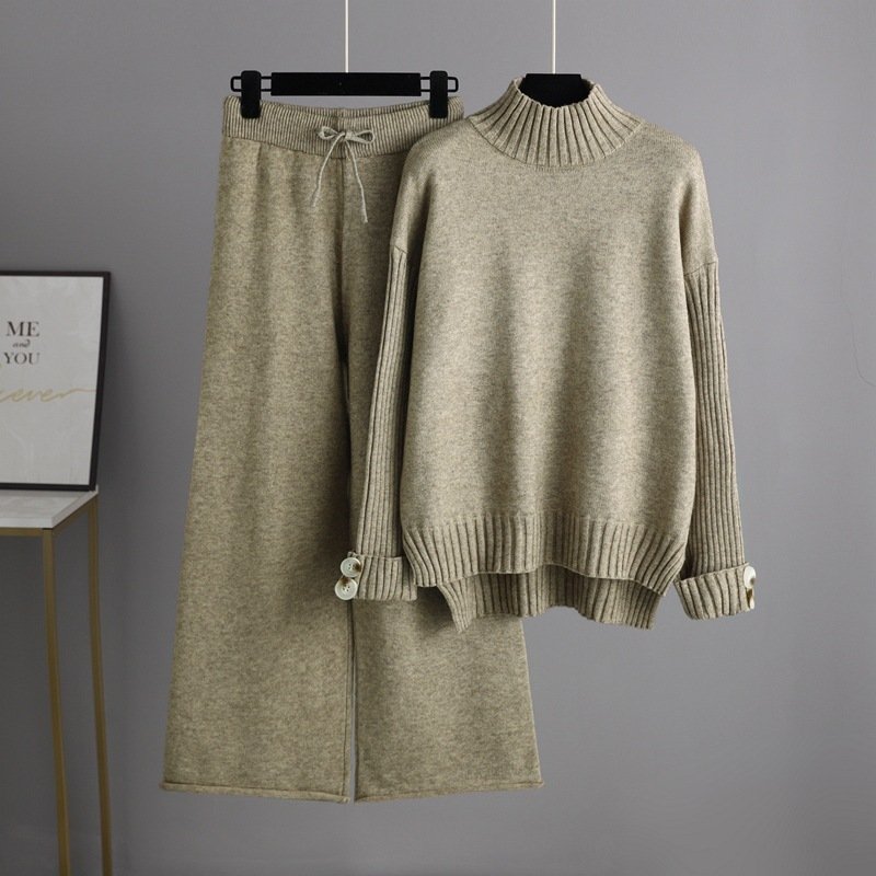 Factory custom Winter Knitted suit women's half turtleneck thickened outer wear loose two piece sweaters women