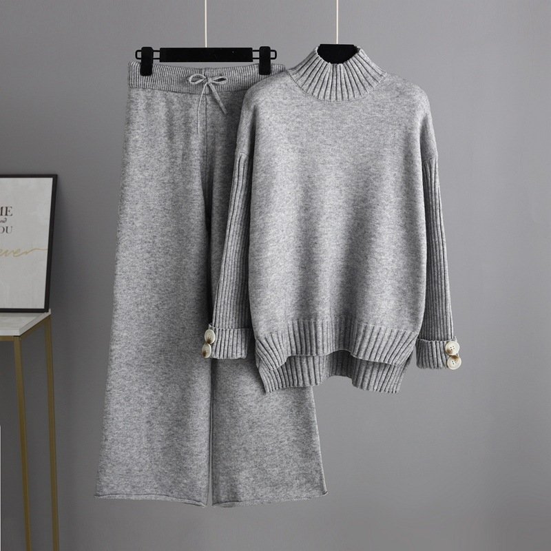 Factory custom Winter Knitted suit women's half turtleneck thickened outer wear loose two piece sweaters women