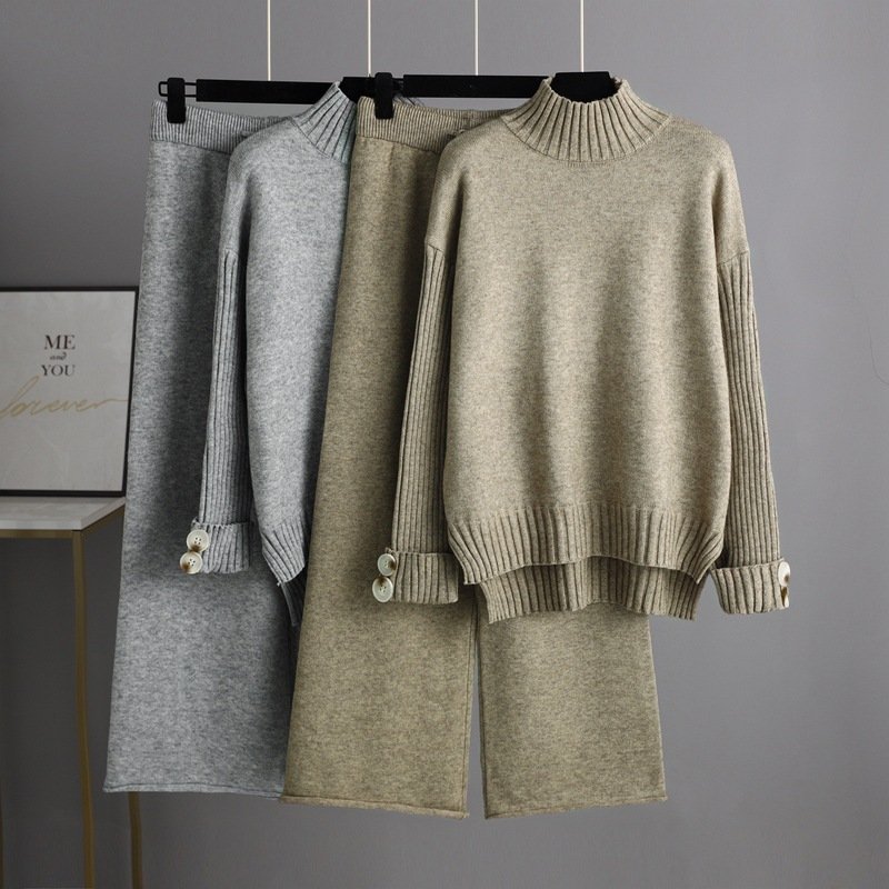 Factory custom Winter Knitted suit women's half turtleneck thickened outer wear loose two piece sweaters women
