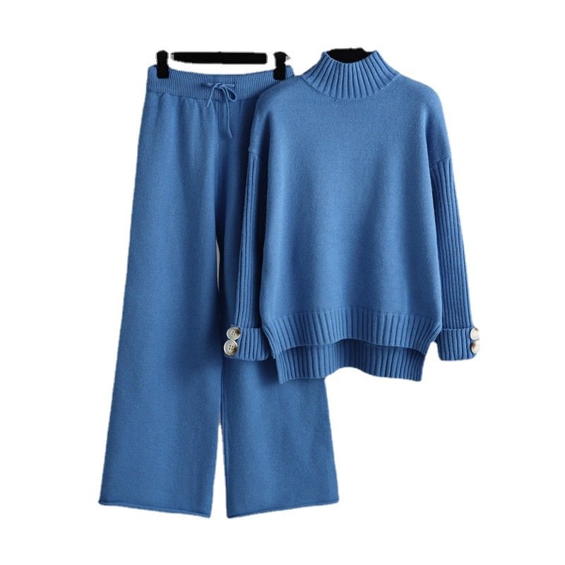 Factory custom Winter Knitted suit women's half turtleneck thickened outer wear loose two piece sweaters women