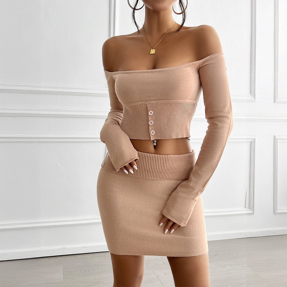 Sexy knitted sweater suit off the shoulder long sleeve crop tops&mini skirt women's sets 2 two piece set women clothing