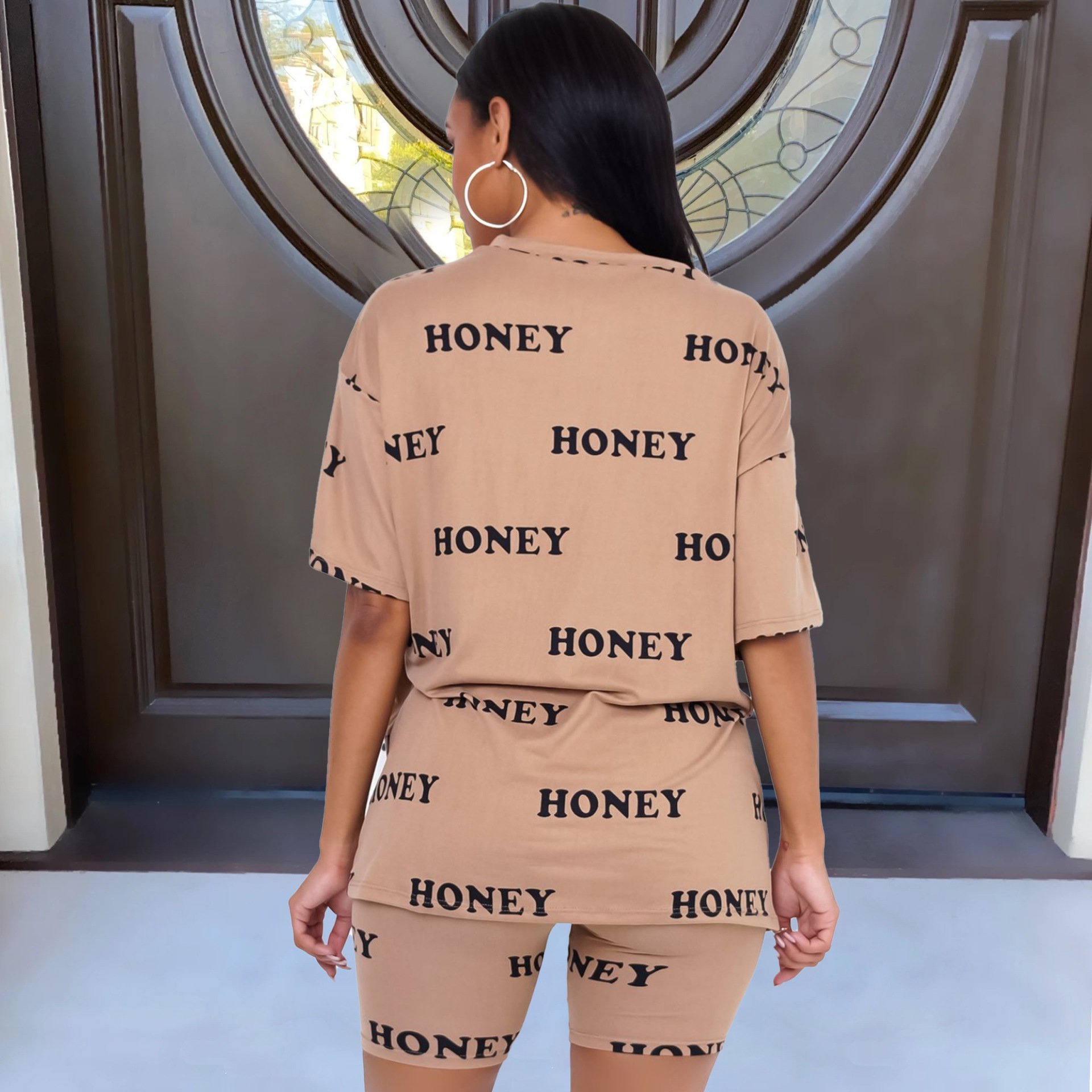 Wholesale Ladies Clothing Casual Fashion Women's Print English Pattern Sports Two Piece Cycling Shorts Set