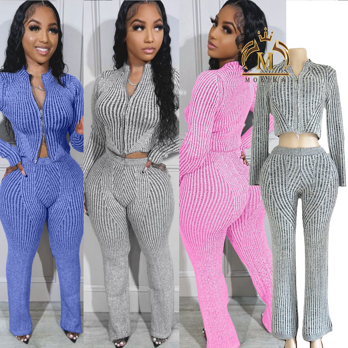 New Winter Fall Women's Outfits Sweater Crop Jacket+Long Pants 2 Piece Set Lady Casual Knitted Two Piece Clothing Sets Women