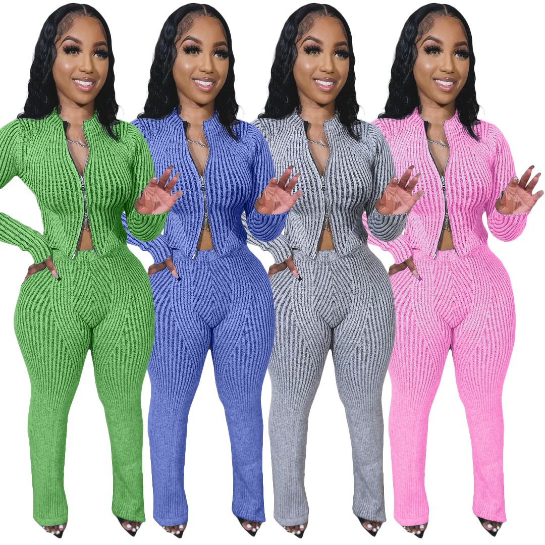New Winter Fall Women's Outfits Sweater Crop Jacket+Long Pants 2 Piece Set Lady Casual Knitted Two Piece Clothing Sets Women