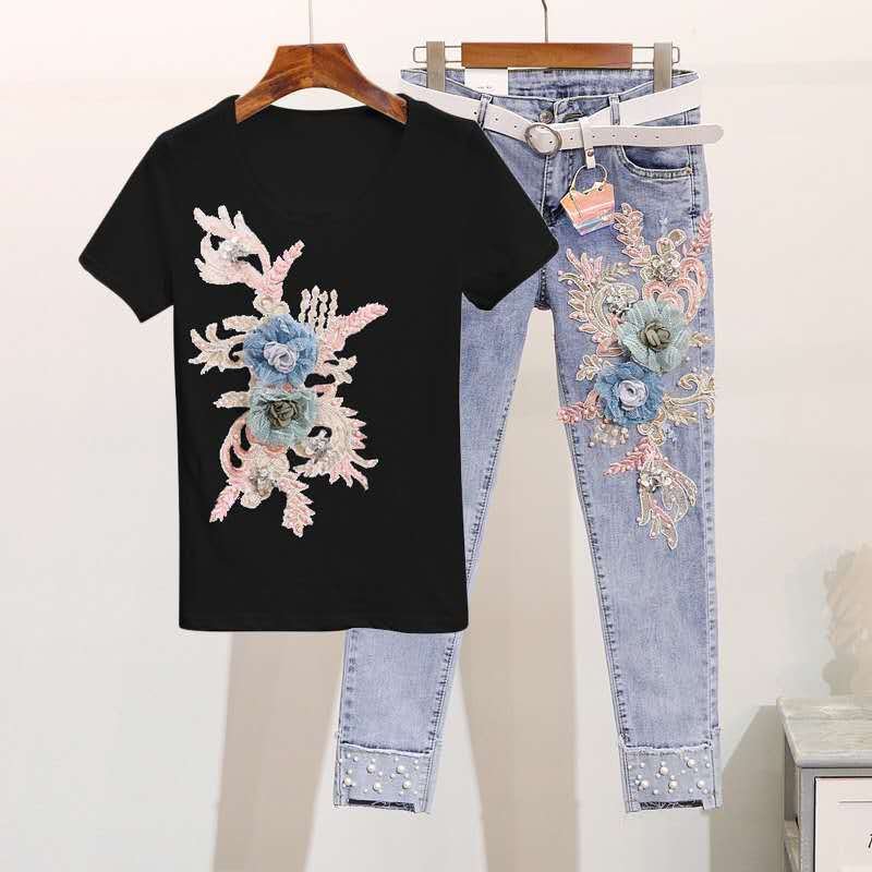 Boutique Wholesale 2024 Summer New Fashionable Nail Bead Embroidered Short Sleeved Jeans Women's Set