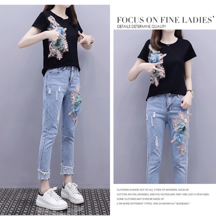 Boutique Wholesale 2024 Summer New Fashionable Nail Bead Embroidered Short Sleeved Jeans Women's Set