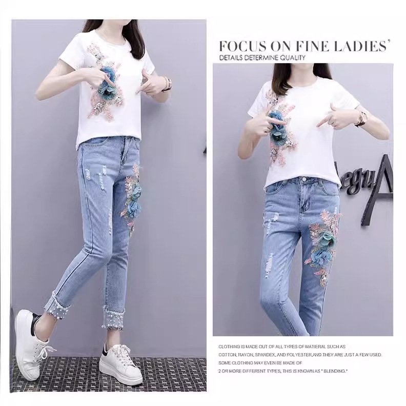 Boutique Wholesale 2024 Summer New Fashionable Nail Bead Embroidered Short Sleeved Jeans Women's Set