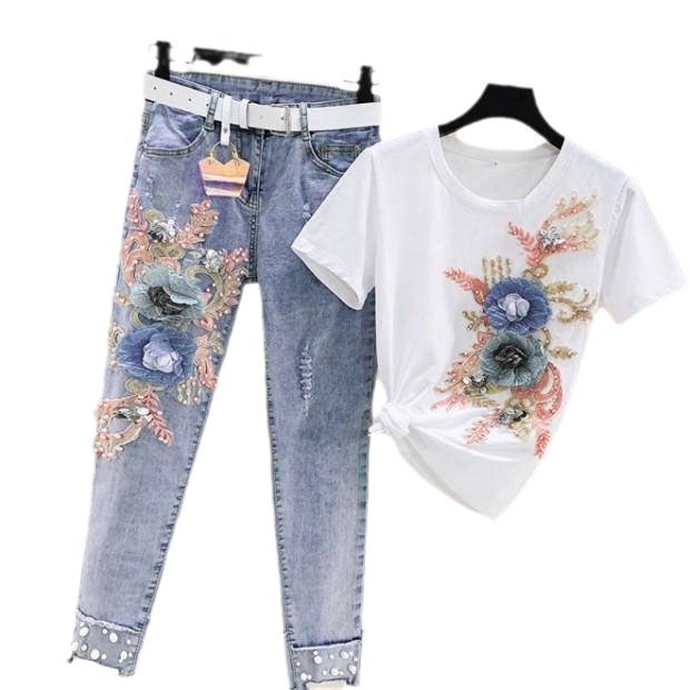 Boutique Wholesale 2024 Summer New Fashionable Nail Bead Embroidered Short Sleeved Jeans Women's Set