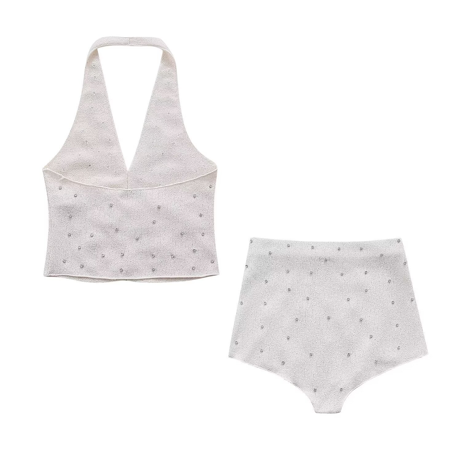 Summer Sleeveless Sweaters Beading Rhinestone V Neck Halter Cropped Top Vest Knit Sweaters Shorts Set 2 Two Piece Women's Sets