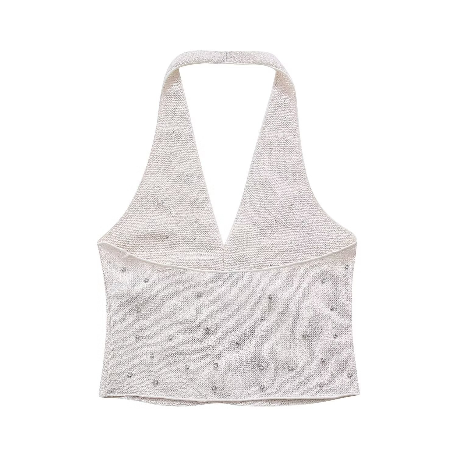 Summer Sleeveless Sweaters Beading Rhinestone V Neck Halter Cropped Top Vest Knit Sweaters Shorts Set 2 Two Piece Women's Sets