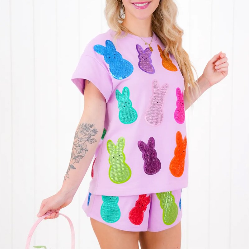 Custom Casual Women's Sets Sequins Track Suit Sequin T Shirt Shorts Embroidered Sequin Rabbit Women's Shorts 2 Pieces Sets