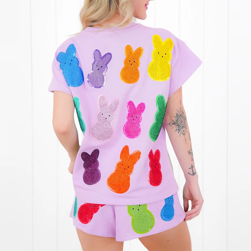 Custom Casual Women's Sets Sequins Track Suit Sequin T Shirt Shorts Embroidered Sequin Rabbit Women's Shorts 2 Pieces Sets