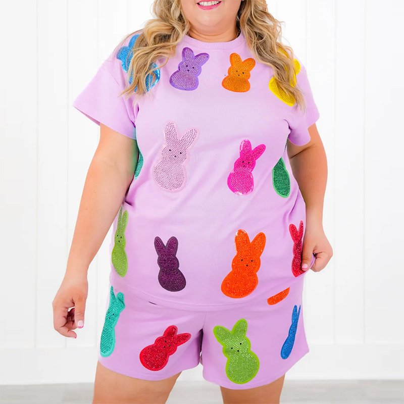 Custom Casual Women's Sets Sequins Track Suit Sequin T Shirt Shorts Embroidered Sequin Rabbit Women's Shorts 2 Pieces Sets