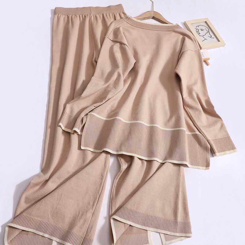 Boutique Wholesale 2024 Autumn New Long Sleeve Knitted Sweater Design with Split Wide Leg Pants Women's Set