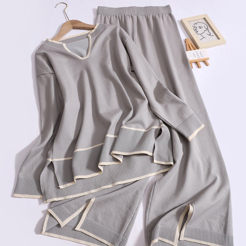 Boutique Wholesale 2024 Autumn New Long Sleeve Knitted Sweater Design with Split Wide Leg Pants Women's Set