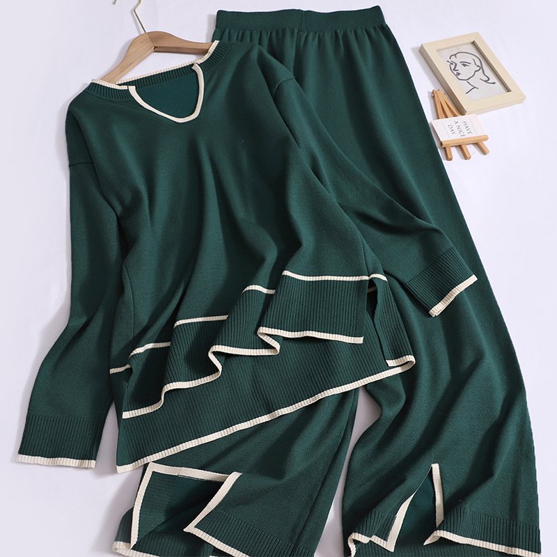 Boutique Wholesale 2024 Autumn New Long Sleeve Knitted Sweater Design with Split Wide Leg Pants Women's Set