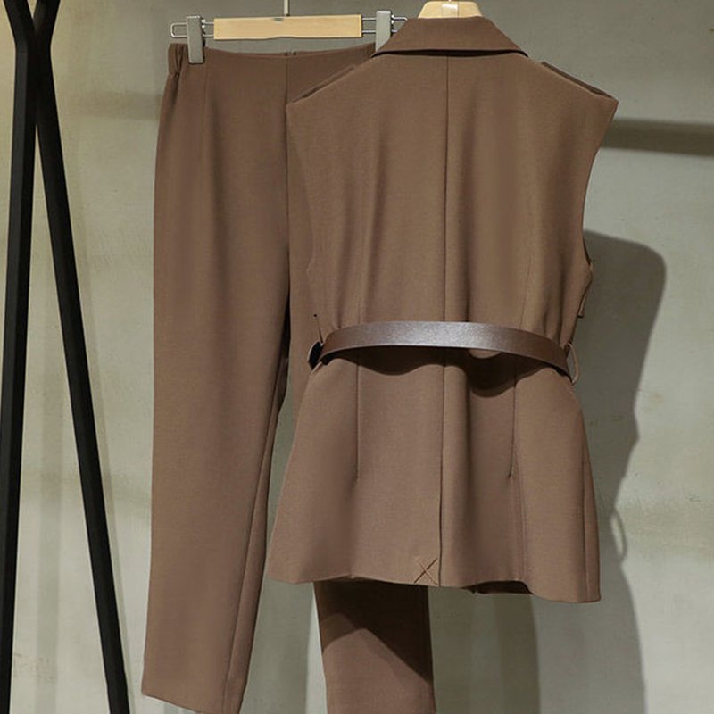 TWOTWINSTYLE Lapel Collar Sleeveless Top With High Waist Loose Straight Leg Pants Women Suit Set