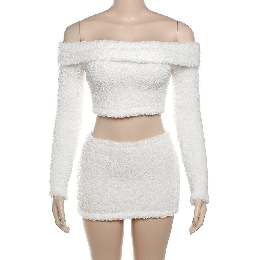 Kliou K23S35155 Autumn Women's Sets Long Sleeve Off Shoulder Tops+ Skirt Outfits Fur 2 Piece Set women