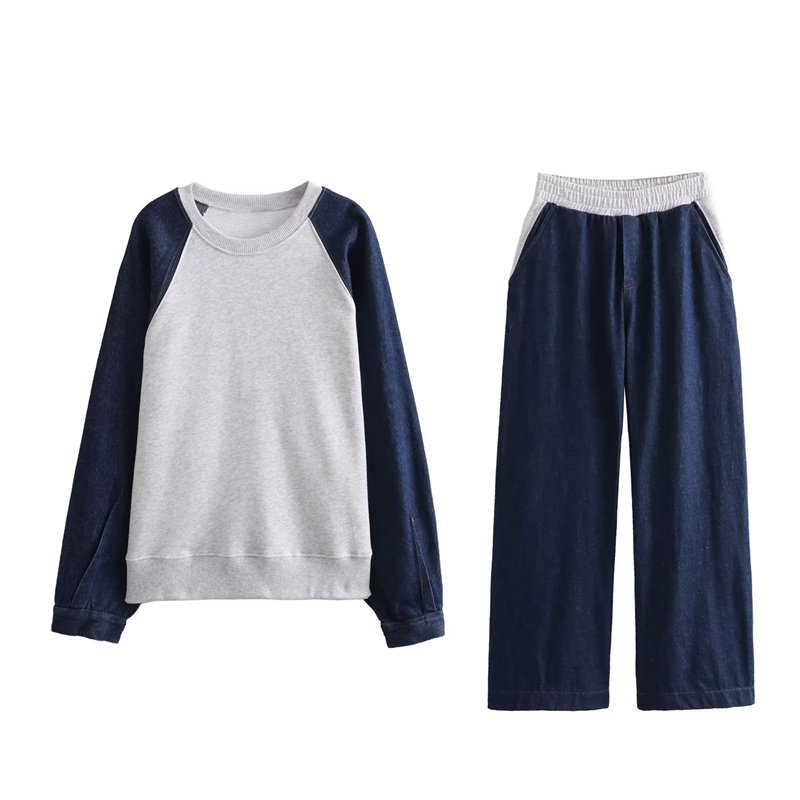 TAOP&ZA Women's 2023 Autumn New Loose Denim Splicing High Waist Casual Elastic Waist Jogging Pants 0085845 0085844